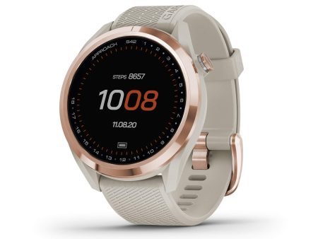 Garmin Approach S42, GPS Golf Smartwatch, Rose Gold Ceramic Bezel and Tan Silicone Band, 010-02572-12 on Sale