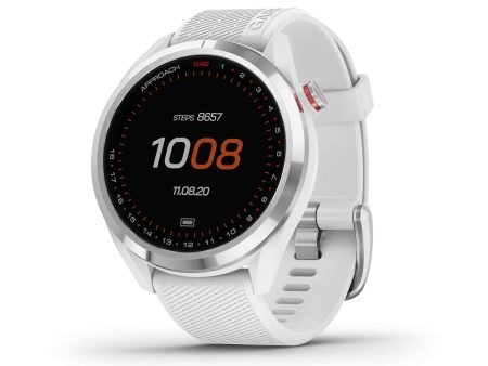 Garmin Approach S42, GPS Golf Smartwatch, Silver Ceramic Bezel and White Silicone Band, 010-02572-11 Sale